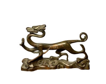 Antique Bronze Running Dragon Tea Pet, Wave Base Feng Shui Desk Decor Ornament