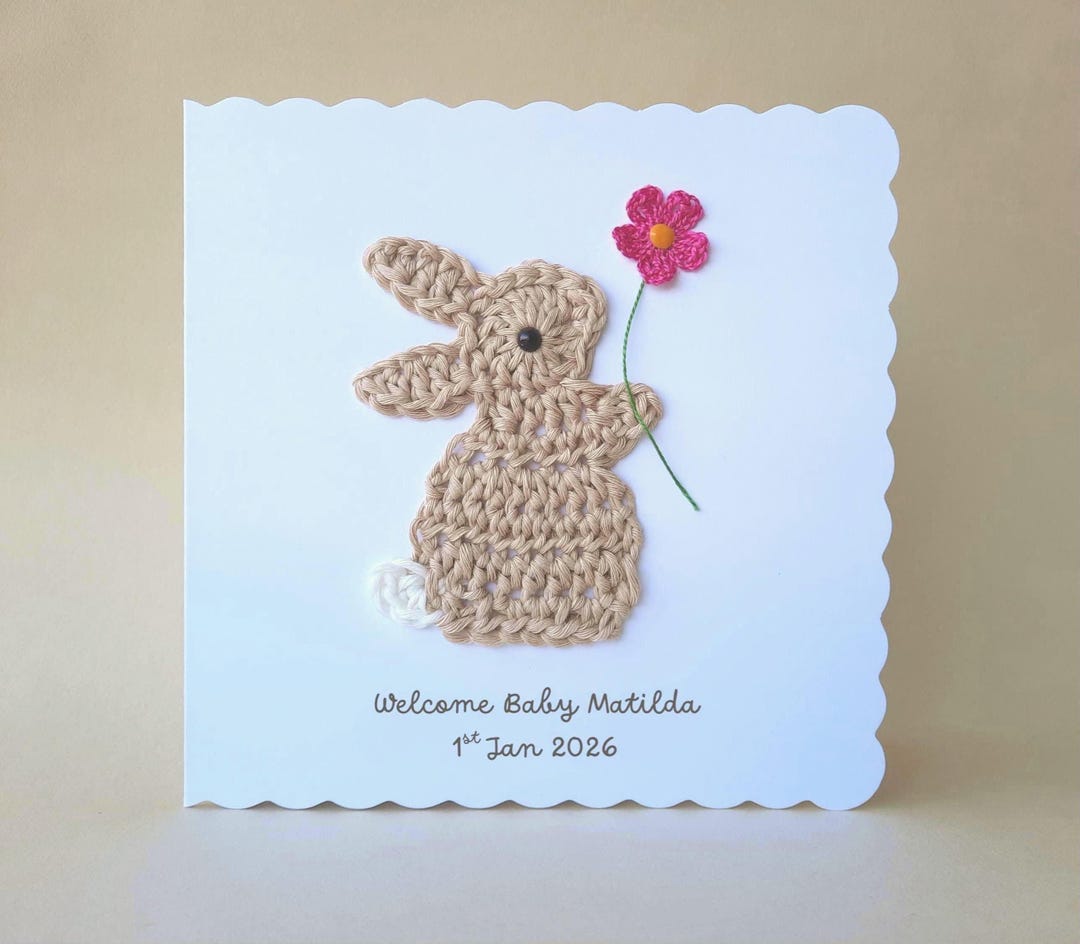 PERSONALISED Crochet New Baby Bunny & Flower Greeting Card. Handmade ...