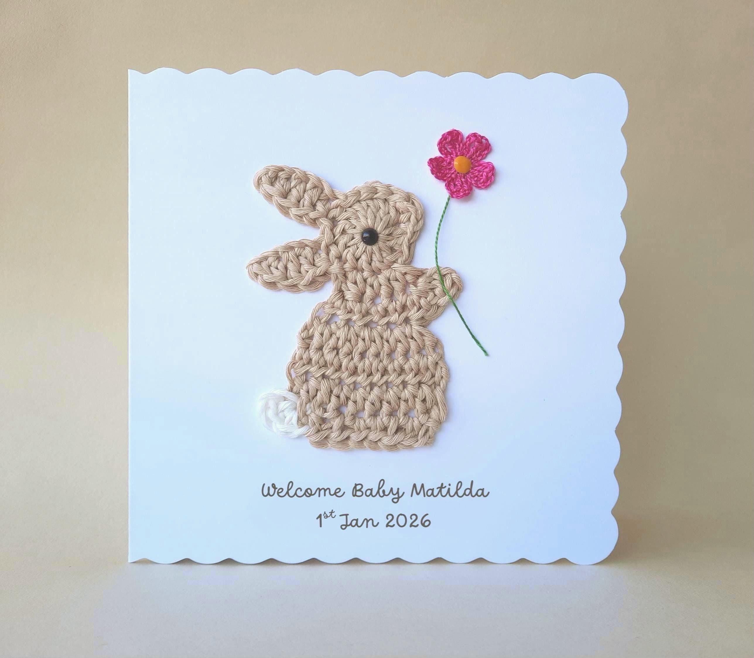PERSONALISED Crochet New Baby Bunny & Flower Greeting Card. Handmade ...