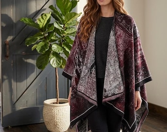 Bohemian Poncho Wrap with Abstract Print - Cozy Gift for Her
