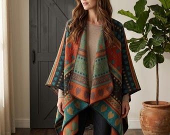 Chal tipo manta estilo bohemio, cárdigan con estampado de corazones, capa de invierno
