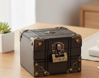 Mini caja de madera para recuerdos con cerradura, joyero estilo vintage