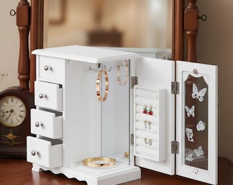 Joyero giratorio de MDF blanco con espejo y 4 cajones