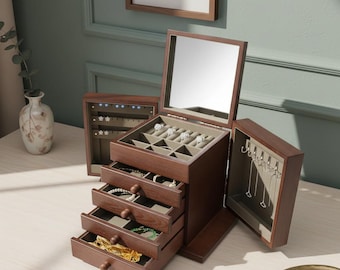 Vintage Wooden Jewelry Box, 5-Layer Antique Style Organizer