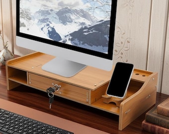 Elevador de monitor de madera con cajón, estante organizador de escritorio, soporte para teléfono