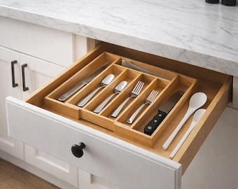 Organizador de cubiertos de bambú expandible, bandeja ajustable para cubiertos y cajón de cocina, soporte para utensilios