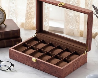 Organizador minimalista de relojes de madera, vitrina de exhibición de joyas para hombre con 12 compartimentos, estilo vintage