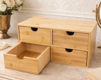 Organizador de escritorio de bambú con 4 cajones, caja de almacenamiento minimalista para escritorio
