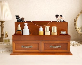 Organizador de escritorio de madera de pino, tocador marrón con cajones