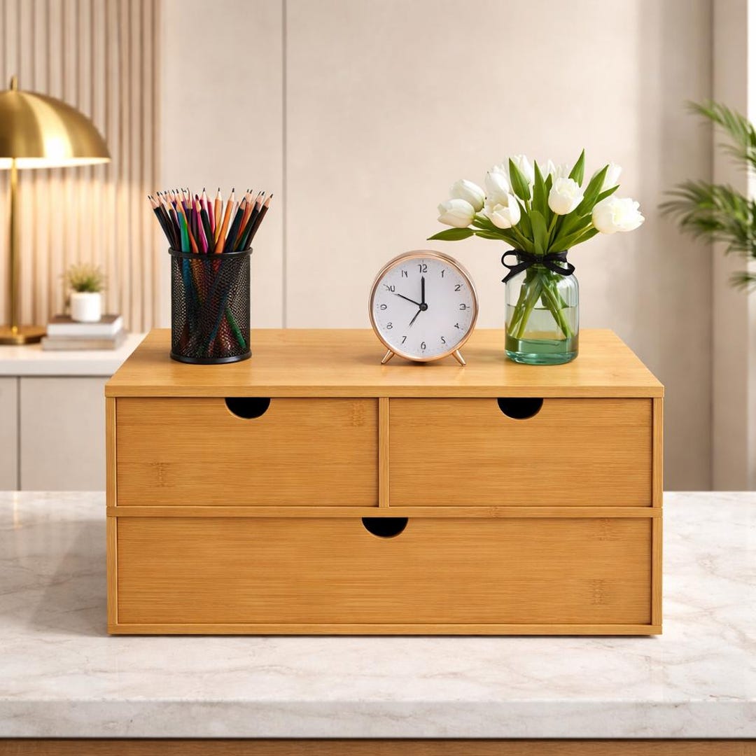 Bamboo Desktop Organizer With Drawers – Minimalist Desk Storage Box - Etsy