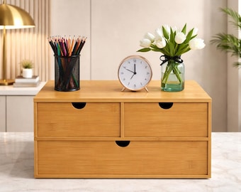 Organizador de escritorio de bambú con cajones: caja de almacenamiento minimalista para escritorio