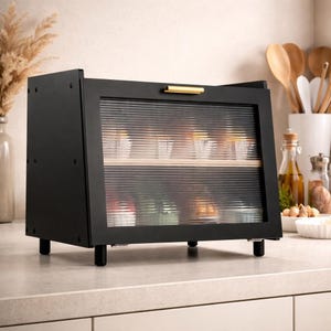 May include: A black bread box with a ribbed glass door and a gold-colored handle. The box has a rectangular shape and sits on short, black legs. The interior is visible through the glass, with a wooden shelf.