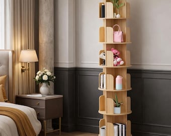 Estantería giratoria de madera de pino de 6 niveles: estantería giratoria para habitación infantil