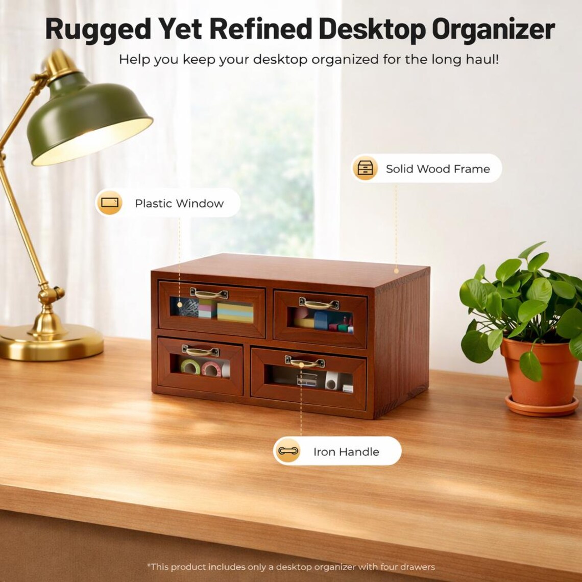 Retro Wooden Desk Organizer With Drawers Desktop Storage Cabinet for ...