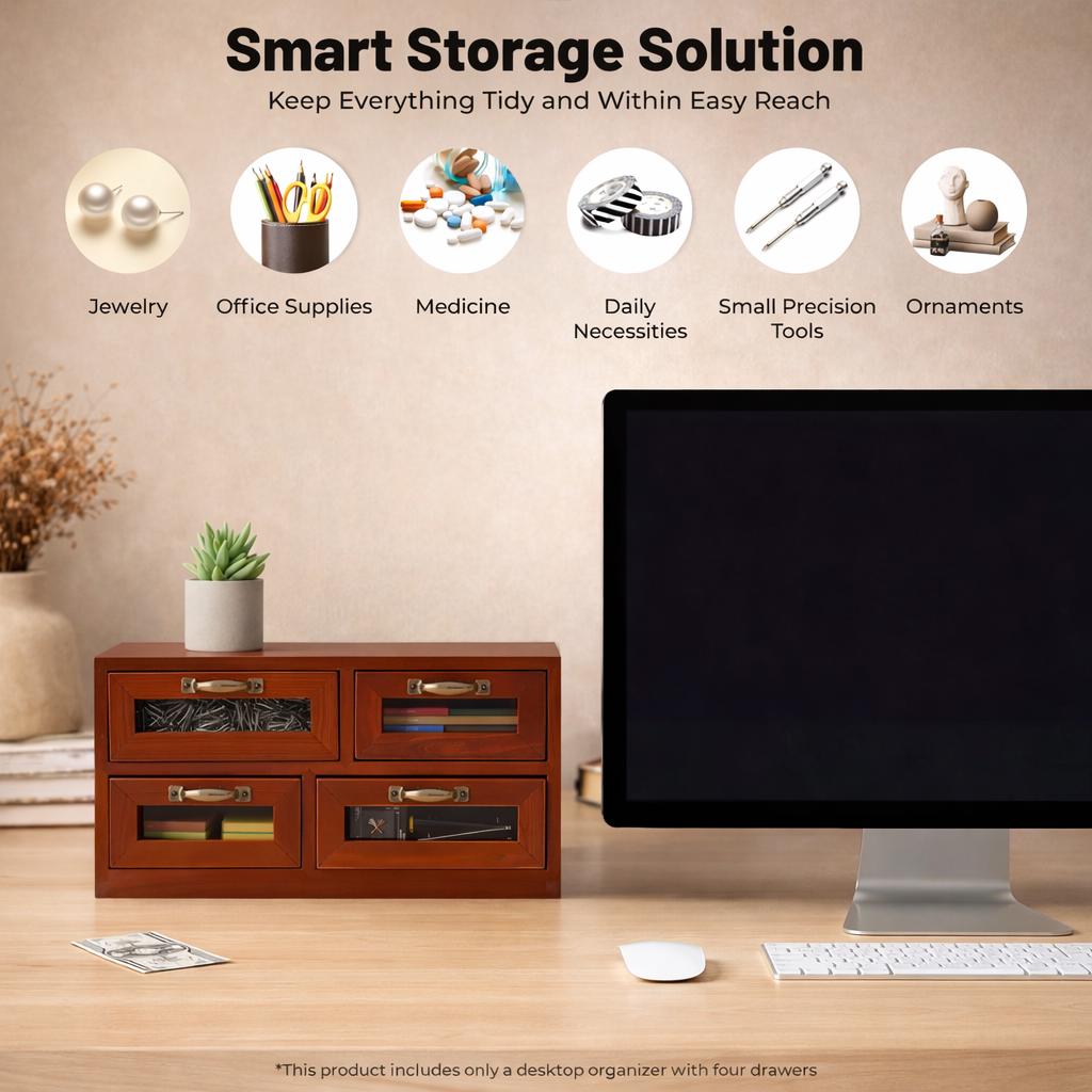 Retro Wooden Desk Organizer With Drawers Desktop Storage Cabinet for ...