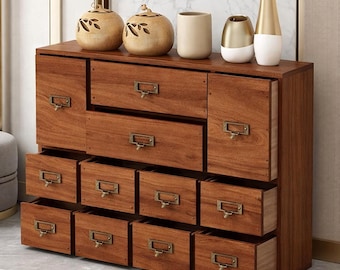 Botiquín de madera: Caja de almacenamiento de sobremesa con 12 cajones y ranuras para etiquetas