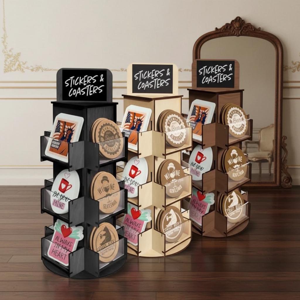 3 Tier Rotating Wooden Display Stand Sticker and Coaster Organizer ...