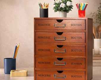 Organizador de escritorio de madera de 5 cajones con espacio para documentos, archivos y bolígrafos, estilo vintage.
