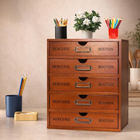 5-Drawer Wooden Desk Organizer with Storage Drawers for Documents, Files & Pens Vintage Style