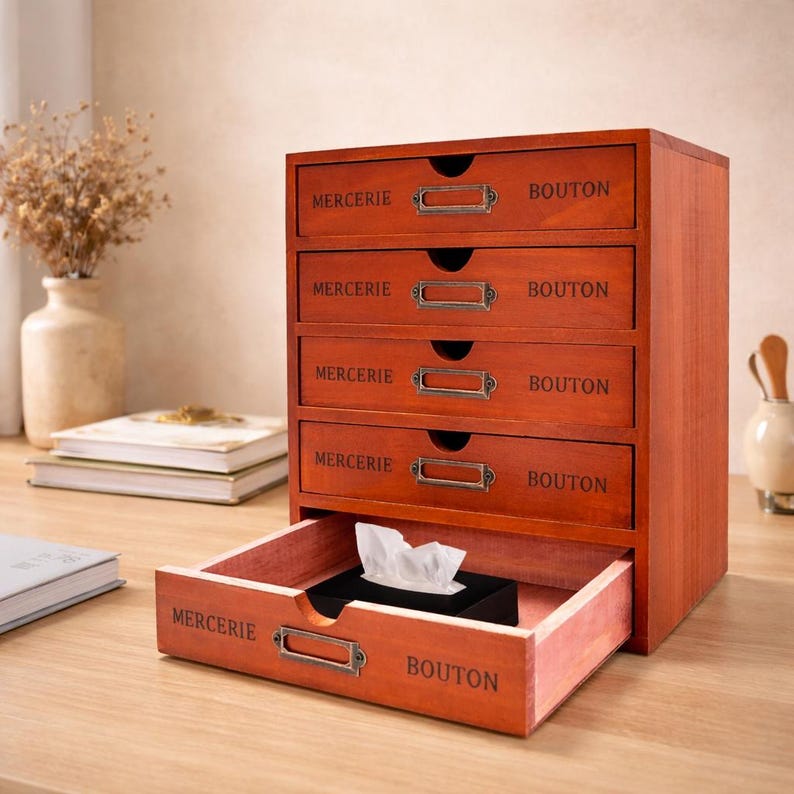 May include: A wooden desk organizer with four drawers, each labeled "MERCERIE" and "BOUTON" in black text. The bottom drawer is open, revealing a black tissue box. The organizer is a warm reddish-brown color.