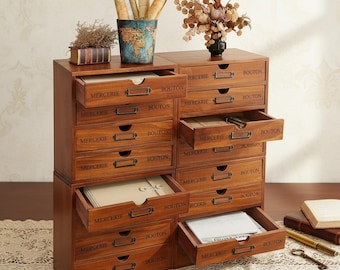 Organizador de escritorio retro de madera marrón, caja de almacenamiento de 16 cajones