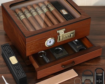 Humidificador de madera con tapa de cristal, estuche de escritorio para guardar puros con higrómetro, humidificador y cajón.