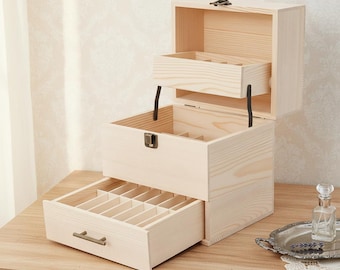 Caja de madera de pino para almacenar aceites esenciales, organizador de 3 niveles, 59 compartimentos