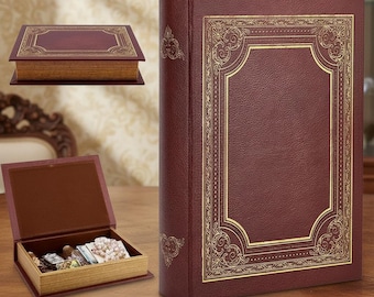 Caja de libros de piel sintética con relieve vintage, organizador secreto de joyas
