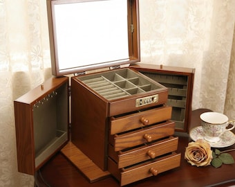 Organizador de joyas de madera: 5 niveles, cerradura, espejo y forro de terciopelo
