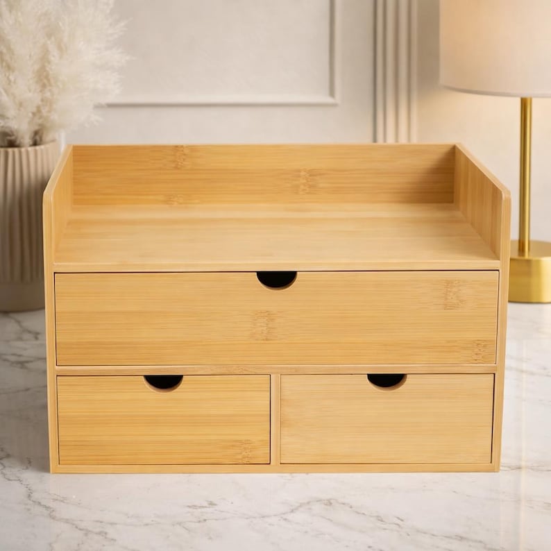 Bamboo Desktop Organizer With Drawers – Minimalist Desk Storage Box - Etsy