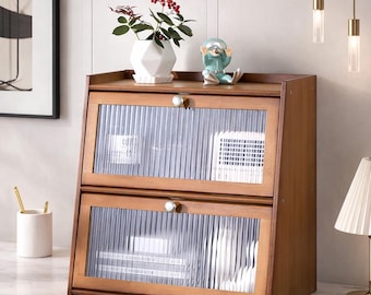 Mini armario de madera de 3 niveles con puertas dobles, organizador de cocina en marrón oscuro