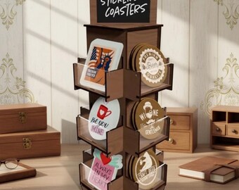 Expositor giratorio de madera de 3 niveles con organizador de pegatinas y posavasos para mostrador y venta minorista
