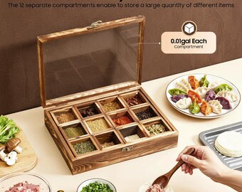 Organizador de especias de madera de pino carbonizado, baúl de 12 secciones para guardar té y hierbas