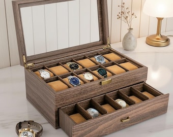 Caja de reloj rústica de madera marrón con 24 compartimentos y tapa de cristal