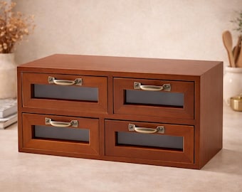 Organizador de escritorio de madera retro con cajones, armario de almacenamiento para manualidades, alfileres de costura y botones.
