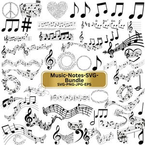 May include: A collection of black musical notes, symbols, and musical staffs. The image includes a peace sign, a heart, and circular designs made of notes. The text "Music-Notes-SVG-Bundle" is displayed in a gold rectangle.