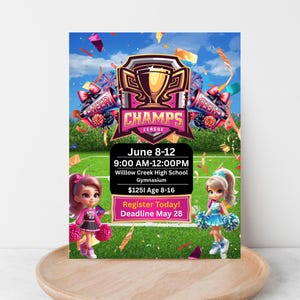 Puede incluir: Un folleto colorido para la Cheer Champs League, con animadoras de dibujos animados y un gráfico de trofeo. El folleto incluye detalles del evento: 8-12 de junio, 9:00-12:00, gimnasio de la escuela secundaria Willow Creek y rango de edad 8-16.