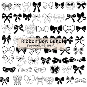 May include: A collection of various ribbon bow designs in black and white. The bows vary in style, from simple to ornate, and include a heart-shaped bow. Text in the image reads "Ribbon Bow Bundle SVG-PNG-JPG-EPS-AI."