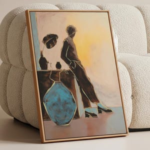 May include: A framed artwork featuring a figure in a dark suit leaning against a table, with a large blue vase in the foreground. The painting has a warm color palette with a yellow and orange background.
