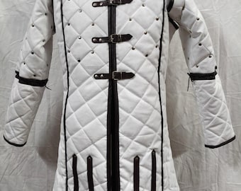 Handmade White Quilted Gambeson Armor Jacket, SCA LARP Cosplay Costume