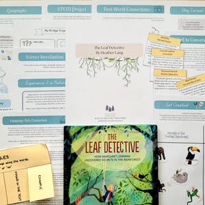 May include: A colorful children's book titled "The Leaf Detective" with illustrations of a rainforest scene. Accompanying educational materials include worksheets, stickers, and cards about rainforests and science.