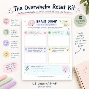 May include: The Overwhelm Reset Kit printable worksheet features a Brain Dump page with four sections: Things on My Mind, Things I Need to Do, Things I Need to Remember, and Random Thoughts and Ideas. It includes prompts for organising thoughts.
