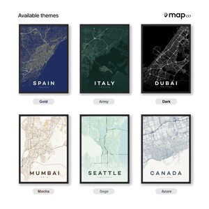 Pode incluir: Seis impress&otilde;es emolduradas de mapas mostrando diferentes cidades e pa&iacute;ses, incluindo "Espanha", "It&aacute;lia", "Dubai", "Mumbai", "Seattle" e "Canad&aacute;". Cada mapa tem um esquema de cores &uacute;nico, com etiquetas indicando o tema, como "Ouro" e "Ex&eacute;rcito".