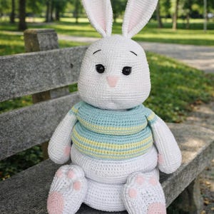 Può includere: Un coniglietto bianco all'uncinetto fatto a mano, con lunghe orecchie, occhi neri e naso rosa. Il coniglietto indossa un maglione a righe blu e gialle e ha cuscinetti rosa. È seduto su una panchina di pietra in un parco.