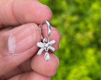 14K White Gold Bow Pear Diamond Earring Charm, Solid Gold Lab Grown Diamond Charm, Pear Diamond Bow Drop Charm, Floating Earring Charm