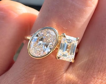 2ct Oval & Emerald Cut Moissanite Toi Et Moi Ring, Zwei Stein Verlobungsring, Solid Gold Versprechen Ring, Einzigartiger Ehering