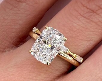 2.50CT Kissen Moissanite Verlobungsring, Ring im Kissenschliff mit Baguette Seitensteinen, Versprechensring im Vintage-Stil