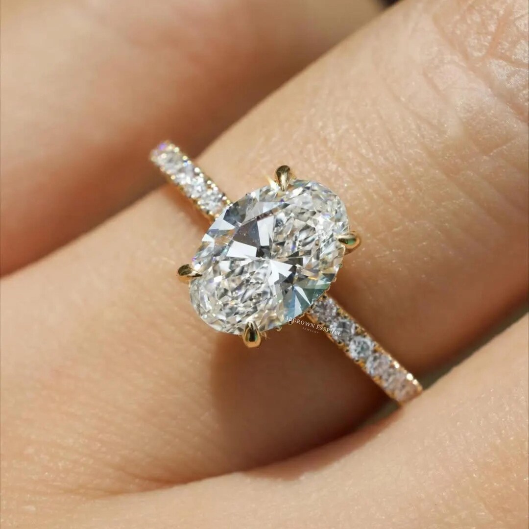 3CT Oval Cut Moissanite Engagement Ring Solid Gold Hidden Halo Oval ...