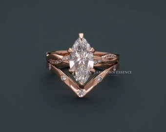 2ct Marquise Cut Lab gewachsen Diamant Verlobungsring Set, Flush Set Ehering, Solid Gold stapelbar Brautring Set
