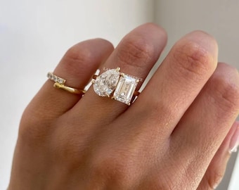 5ct Birne & Smaragdschliff Moissanite Toi Et Moi Ring, Zwei Stein Verlobungsring, Versprechensring aus Massivgold, Einzigartiger Ehering